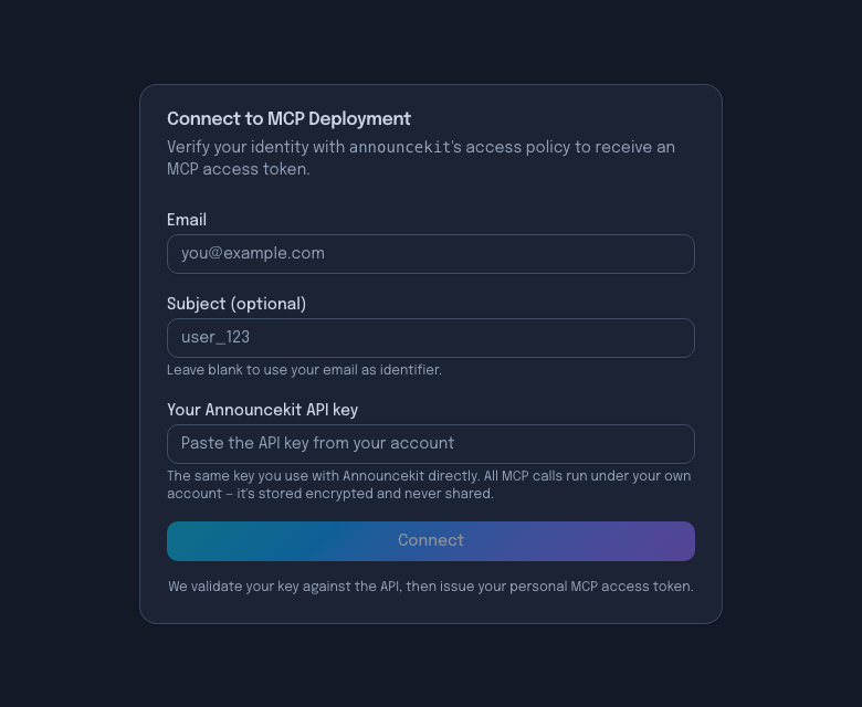 Command+K hosted connect page for the AnnounceKit MCP: the customer enters their email and their own AnnounceKit API key; the key is validated against the API, stored encrypted, and a personal MCP access token is issued.